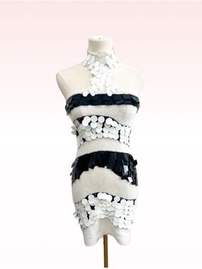 BEBE Y2K Black & White Striped Sequin Fur Halter Neck Dress (Sz XS)